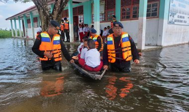Personel Batalyon B Pelopor Satuan Brimob Polda Riau Seberangkan Siswa SD Terdampak Banjir di Rohil, Saksikan Penampakannya
