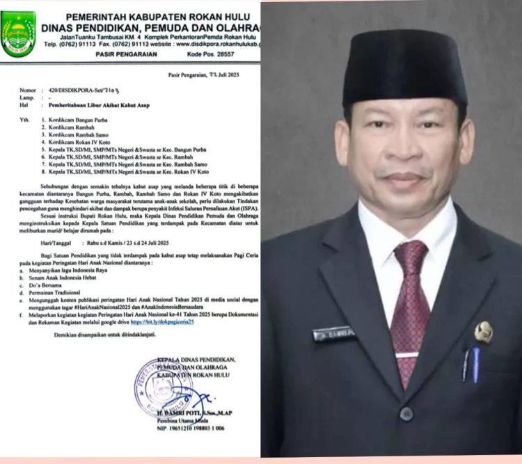 Dampak Kabut Asap, Pemkab Rohul Liburkan Siswa di Empat Kecamatan Mulai Hari Ini