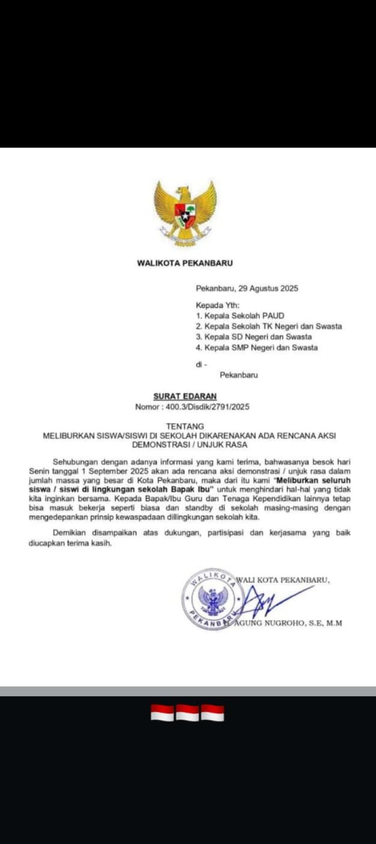 Walikota Pekanbaru Liburkan Siswa Besok, Ini Bantahan Pemko Pekanbaru