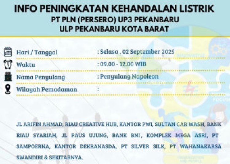 Ada Pemeliharaan Jaringan, Listrik di Jalan Arifin Ahmad dan Sekitarnya Padam Sementara