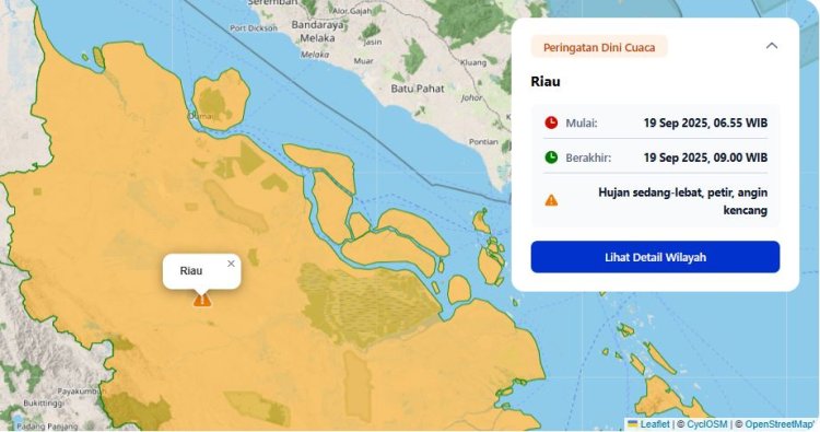 Prakiraan Cuaca Riau 19 September 2025, BMKG Keluarkan Peringatan Dini Hujan Lebat Disertai Petir dan Angin Kencang