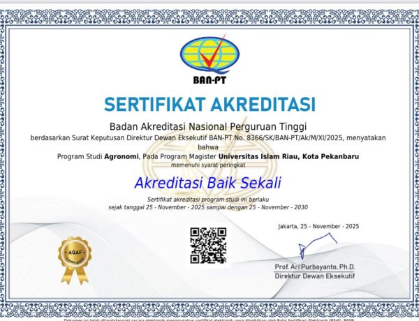 Prodi Magister Agronomi UIR Resmi Terakreditasi  BAIK SEKALI dari BAN PT