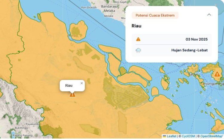 Prakiraan Cuaca Riau 3 November 2025, BMKG Minta Waspadai Hujan Lebat Disertai Petir dan Angin Kencang di Daerah Ini