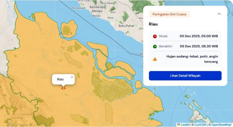 Prakiraan Cuaca Riau 5 Desember 2025, BMKG Minta Waspadai Hujan Lebat Disertai Petir dan Angin Kencang di Wilayah Ini