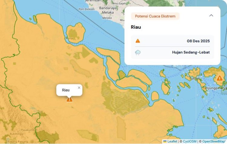 Prakiraan Cuaca Riau 8 Desember 2025, BMKG: Hujan Berpotensi Meluas Sejak Pagi hingga Malam Hari