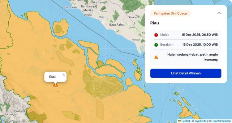 Prakiraan Cuaca Riau 15 Desember 2025, BMKG Minta Waspadai Hujan Lebat yang Dapat Disertai Petir dan Angin Kencang