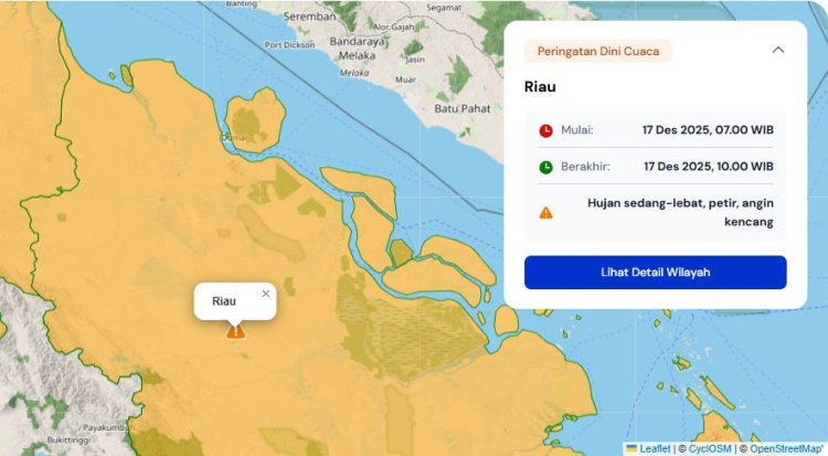 Prakiraan Cuaca Riau 17 Desember 2025, BMKG Minta Waspadai Hujan Lebat Disertai Petir dan Angin Kencang