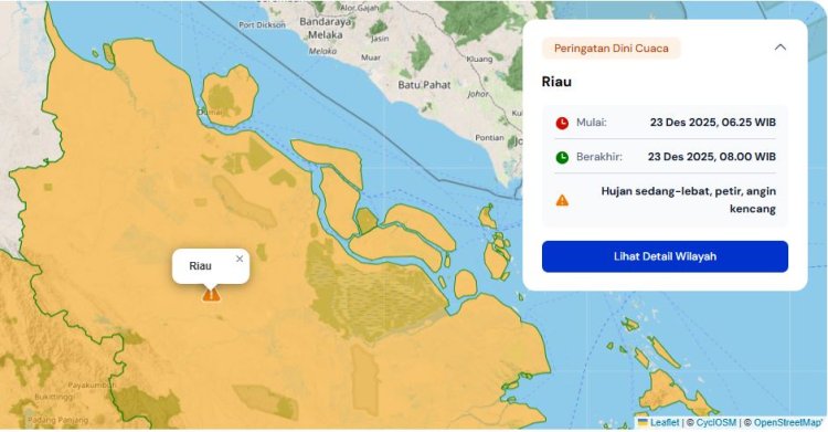 Prakiraan Cuaca Riau 23 Desember 2025, BMKG Terbitkan Peringatan Dini Waspada Hujan Lebat Disertai Petir dan Angin Kencang