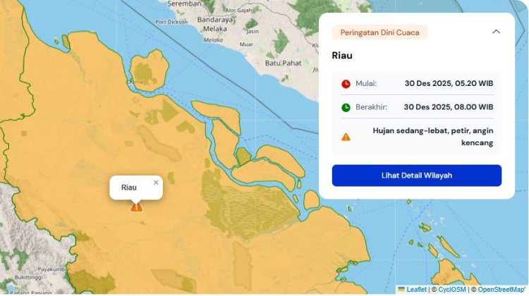 Prakiraan Cuaca Riau 30 Desember 2025, BMKG Terbitkan Peringatan Dini Waspada Hujan Lebat Disertai Petir dan Angin Kencang