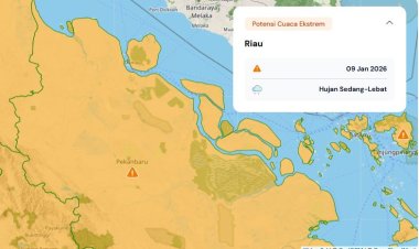 Prakiraan Cuaca Riau 9 Januari 2026, BMKG Minta Masyarakat Waspada Hujan Lebat Disertai Petir dan Angin Kencang pada Malam Hari