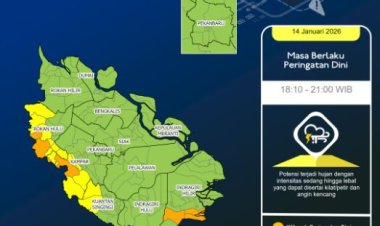 BMKG Terbitkan Peringatan Dini Cuaca Riau 14 Januari 2026 hingga 21.00 WIB, Waspada Hujan Lebat Disertai Petir dan Angin Kencang