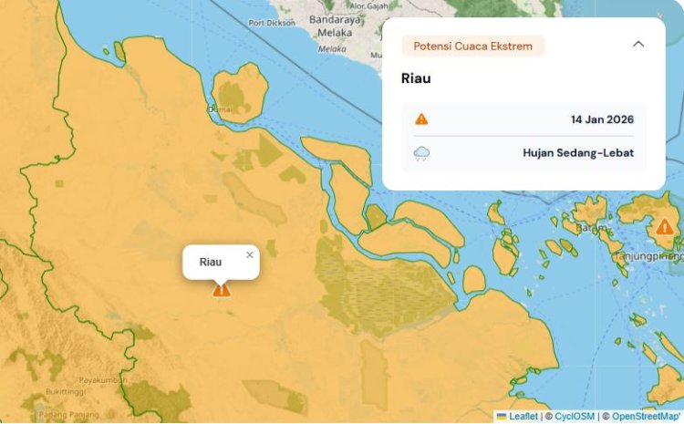 Prakiraan Cuaca Riau 14 Januari 2026, BMKG Terbitkan Peringatan Dini Waspada Hujan Lebat Disertai Petir dan Angin Kencang