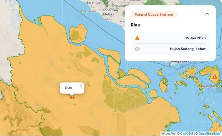 Prakiraan Cuaca Riau 15 Januari 2026, BMKG Minta Masyarakat Waspada Hujan Lebat Disertai Petir dan Angin Kencang