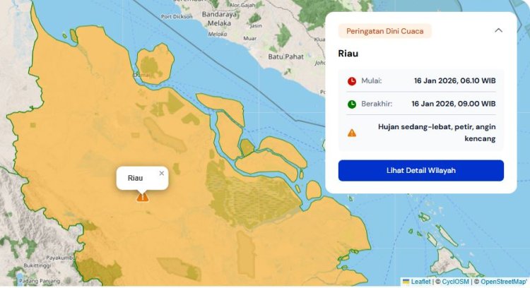 Prakiraan Cuaca Riau 16 Januari 2026, BMKG Terbitkan Peringatan Dini Waspada Hujan Lebat Disertai Petir dan Angin Kencang