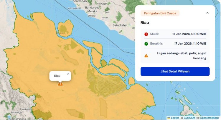 Prakiraan Cuaca Riau 17 Januari 2026, BMKG Terbitkan Peringatan Dini Waspada Hujan Lebat Disertai Petir dan Angin Kencang