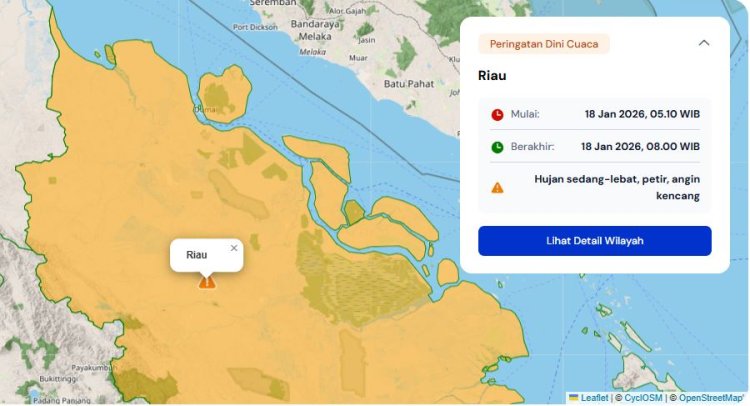Prakiraan Cuaca Riau 18 Januari 2026, BMKG Terbitkan Peringatan Dini Waspada Hujan Lebat Disertai Petir dan Angin Kencang