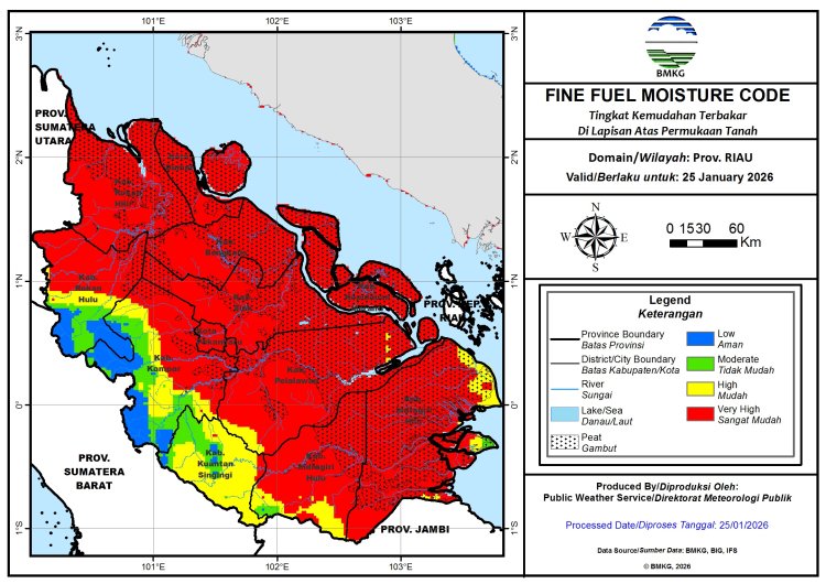 Prakiraan Cuaca Riau 25 Januari 2026, Masih Ada Hujan Intensitas Ringan, Sumatera Dikepung 480 Hotspot