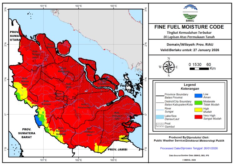 Prakiraan Cuaca Riau 27 Januari 2026, Masih Ada Hujan Intensitas Ringan, Ada 62 Hotspot di Bumi Lancang Kuning