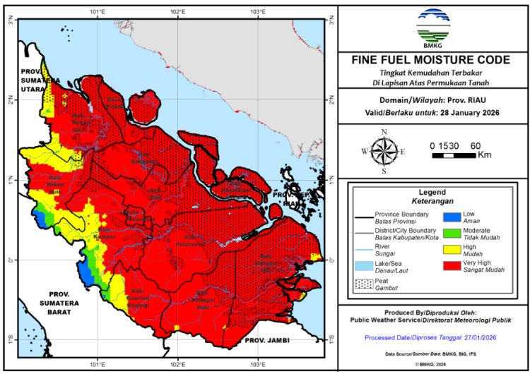 Prakiraan Cuaca Riau 28 Januari 2026, Masih Ada Hujan Intensitas Ringan, Ada 48 Hotspot di Bumi Lancang Kuning