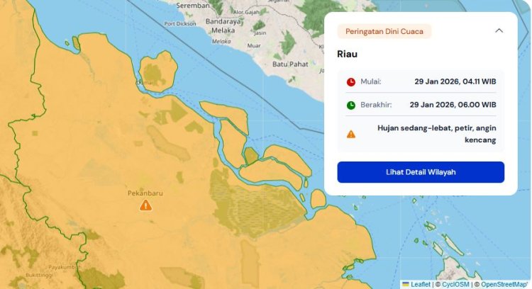 Prakiraan Cuaca Riau 29 Januari 2026, Ada Hujan Intensitas Ringan pada Sore hingga Malam, Ada 47 Hotspot di Bumi Lancang Kuning