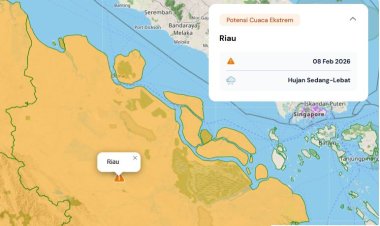 Prakiraan Cuaca Riau 8 Februari 2026, BMKG Terbitkan Peringatan Dini Waspada Hujan Lebat Disertai Petir dan Angin Kencang Malam Hari