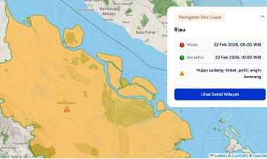 Prakiraan Cuaca Riau 22 Februari 2026, BMKG Terbitkan Peringatan Dini Waspada Hujan Lebat Disertai Petir dan Angin Kencang