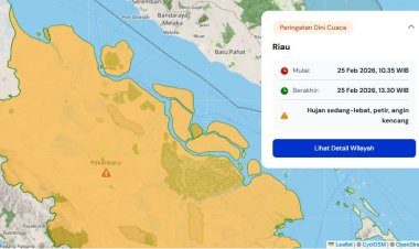 Prakiraan Cuaca Riau 25 Februari 2026, BMKG Terbitkan Peringatan Dini Waspada Hujan Lebat Disertai Petir dan Angin Kencang Hari Ini