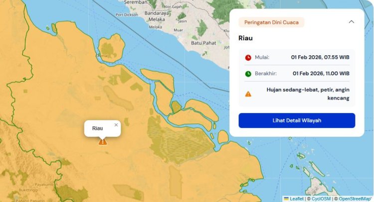 Prakiraan Cuaca Riau 1 Februari 2026, BMKG Terbitkan Peringatan Dini Waspada Hujan Lebat Disertai Petir dan Angin Kencang