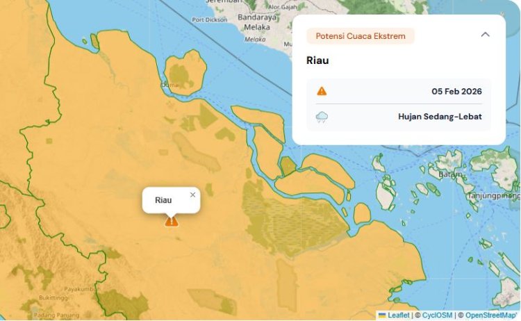Prakiraan Cuaca Riau 5 Februari 2026, BMKG Terbitkan Peringatan Dini Waspada Hujan Lebat Disertai Petir dan Angin Kencang Malam Hari