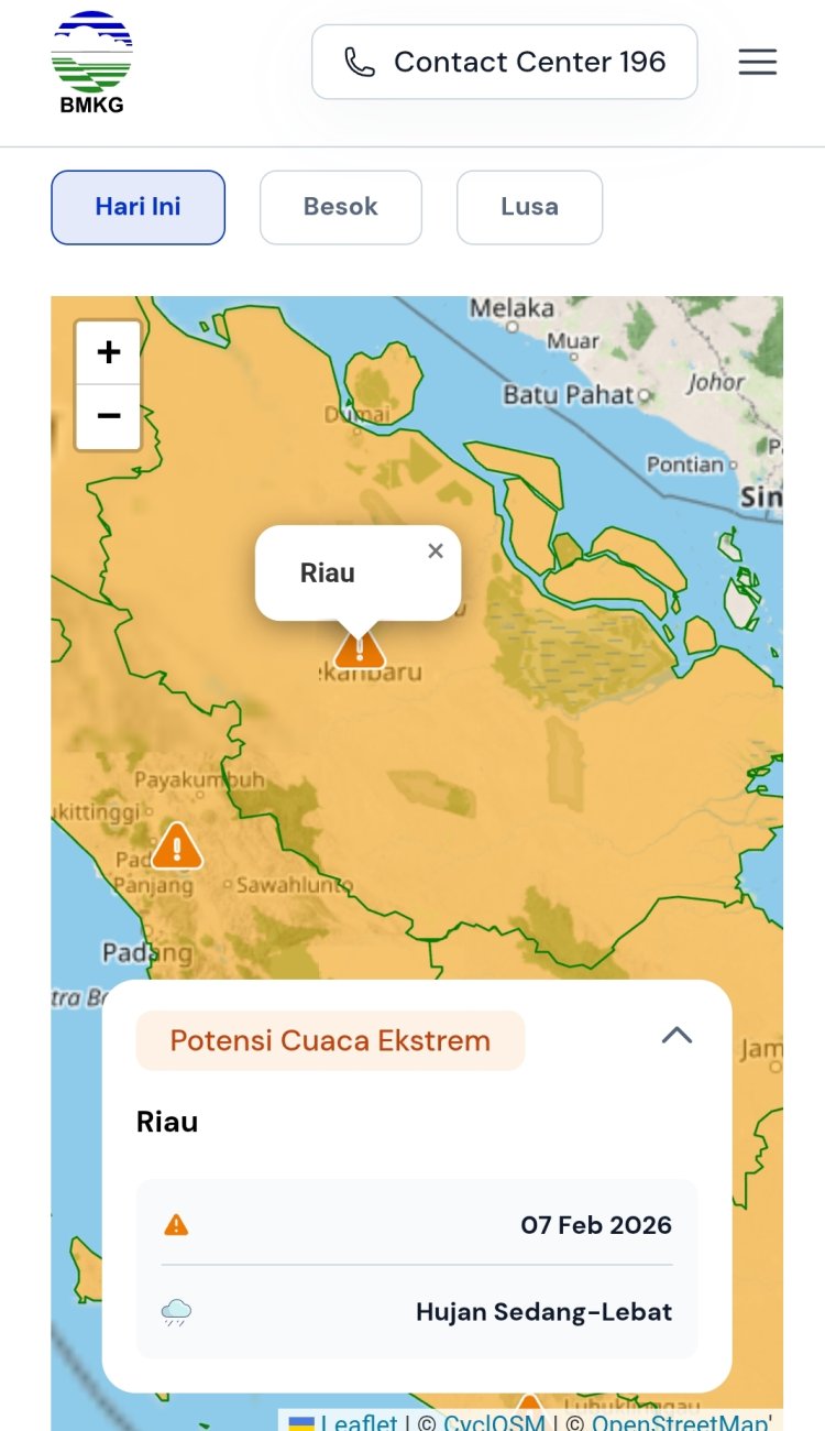 Prakiraan Cuaca Riau 7 Februari 2026, BMKG Terbitkan Peringatan Dini Waspada Hujan Lebat Disertai Petir dan Angin Kencang Sore dan Malam Hari