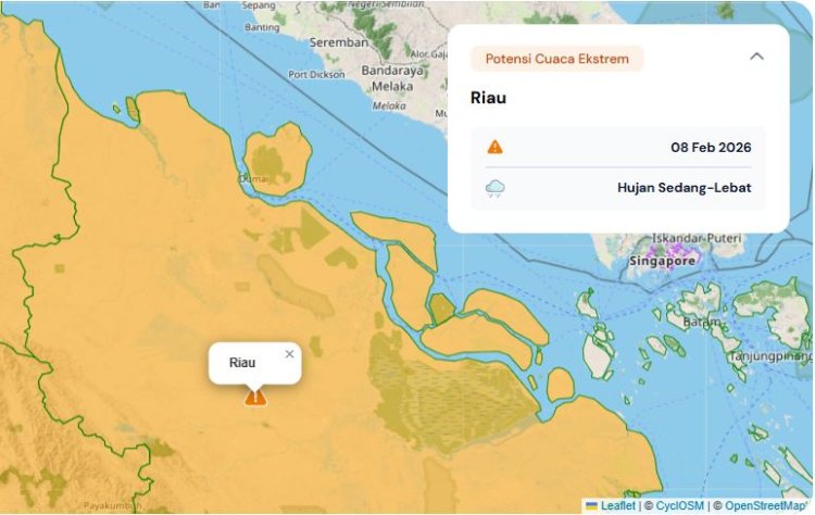 Prakiraan Cuaca Riau 8 Februari 2026, BMKG Terbitkan Peringatan Dini Waspada Hujan Lebat Disertai Petir dan Angin Kencang Malam Hari