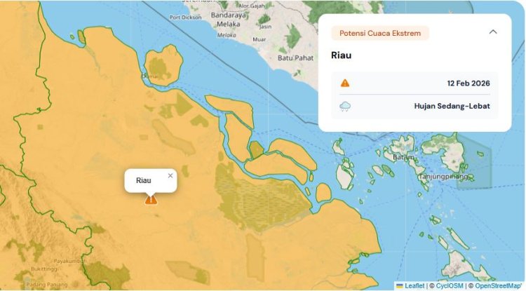 Prakiraan Cuaca Riau 12 Februari 2026, BMKG Terbitkan Peringatan Dini Waspada Hujan Lebat Disertai Petir dan Angin Kencang Hari Ini