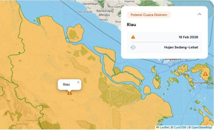 Peringatan Dini Cuaca Riau 18 Februari 2026, Waspada Hujan Lebat Disertai Petir dan Angin Kencang pada Malam Hari