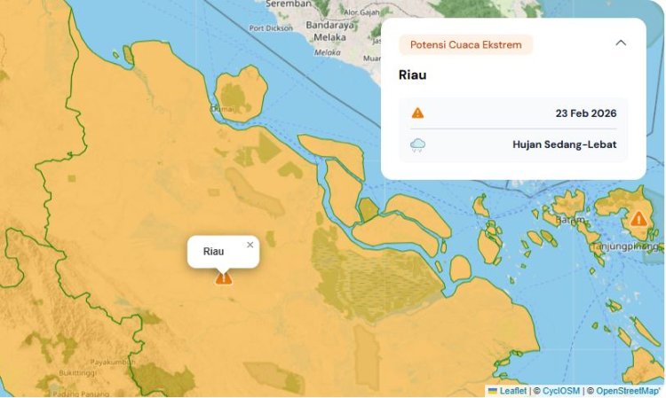 Prakiraan Cuaca Riau 23 Februari 2026, BMKG Terbitkan Peringatan Dini Waspada Hujan Lebat Disertai Petir dan Angin Kencang