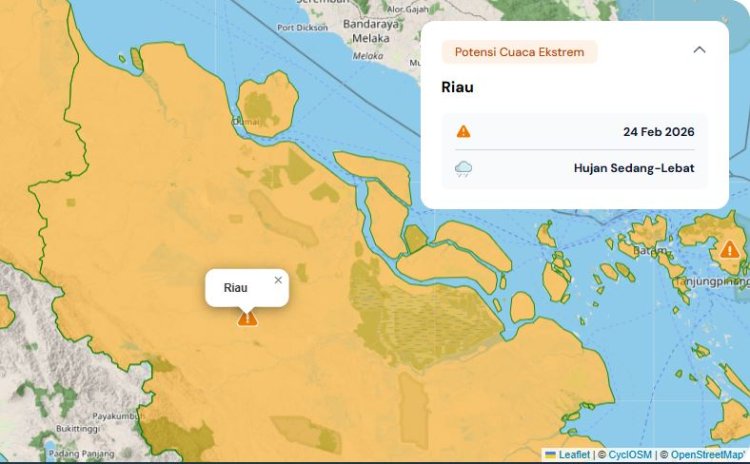 Prakiraan Cuaca Riau 24 Februari 2026, BMKG Terbitkan Peringatan Dini Waspada Hujan Lebat Disertai Petir dan Angin Kencang Malam Hari