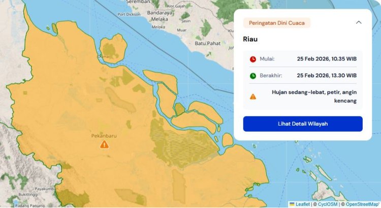Prakiraan Cuaca Riau 25 Februari 2026, BMKG Terbitkan Peringatan Dini Waspada Hujan Lebat Disertai Petir dan Angin Kencang Hari Ini