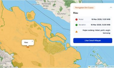Prakiraan Cuaca Riau 16 Maret 2026, BMKG Terbitkan Peringatan Dini Hujan Lebat Disertai Petir dan Angin Kencang pada Siang dan Malam Hari