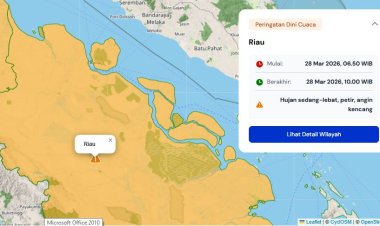 Prakiraan Cuaca Riau 28 Maret 2026, BMKG Terbitkan Peringatan Dini Waspada Hujan Lebat Disertai Petir dan Angin Kencang Hari Ini