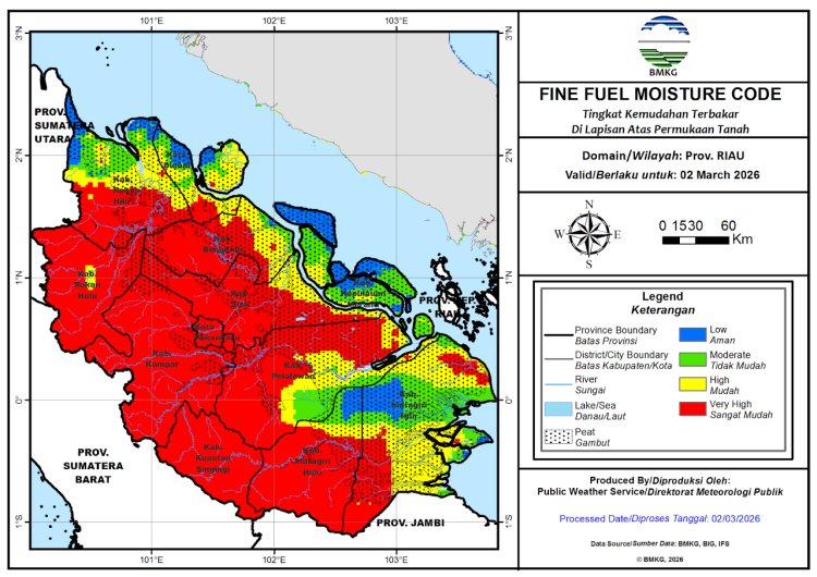 Prakiraan Cuaca Riau 2 Maret 2026, BMKG Ungkap Masih Ada Hujan Ringan, 48 Titik Panas di Bumi Lancang Kuning
