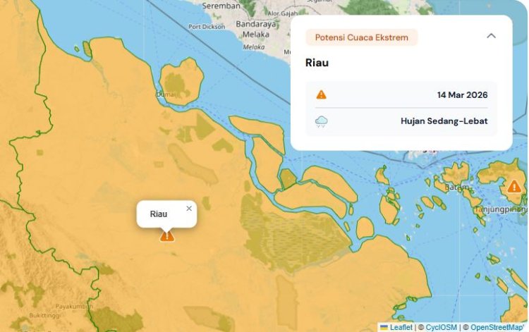 Prakiraan Cuaca Riau 14 Maret 2026, BMKG Terbitkan Peringatan Dini Waspada Hujan Lebat Disertai Petir dan Angin Kencang Hari Ini