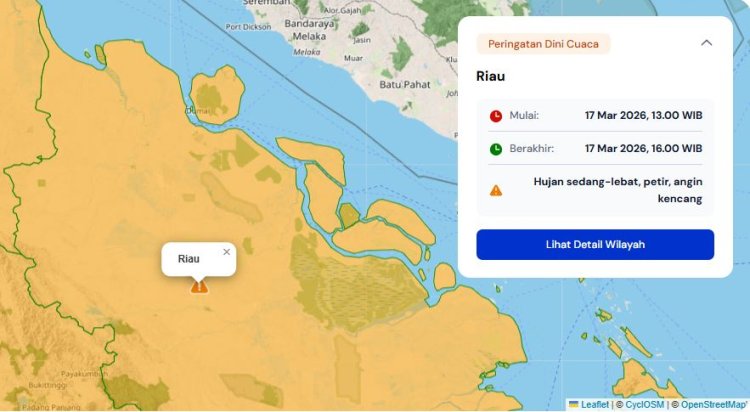 Prakiraan Cuaca Riau 17 Maret 2026, BMKG Terbitkan Peringatan Dini Waspada Hujan Lebat Disertai Petir dan Angin Kencang Hari Ini