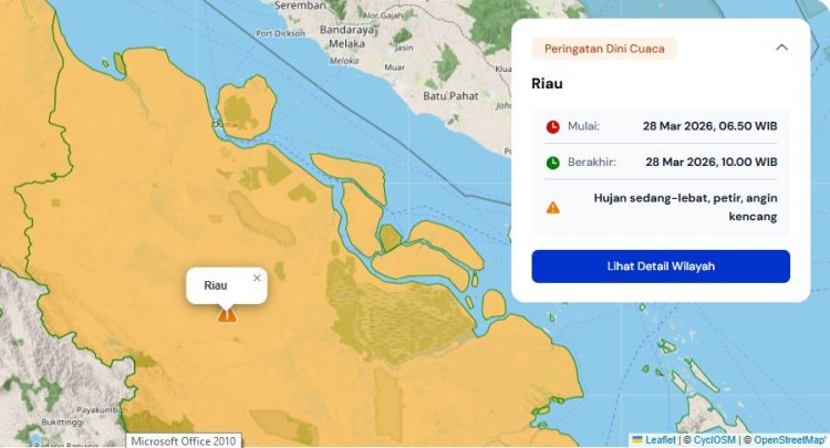 Prakiraan Cuaca Riau 28 Maret 2026, BMKG Terbitkan Peringatan Dini Waspada Hujan Lebat Disertai Petir dan Angin Kencang Hari Ini