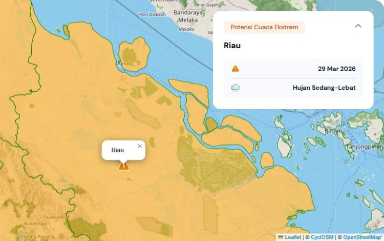 Prakiraan Cuaca Riau 29 Maret 2026, BMKG Terbitkan Peringatan Dini Waspada Hujan Lebat Disertai Petir dan Angin Kencang Hari Ini