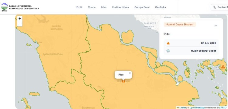 Prakiraan Cuaca Riau 8 April 2026, BMKG Terbitkan Peringatan Dini Waspada Hujan Lebat Disertai Petir dan Angin Kencang Hari Ini