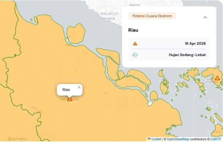 Prakiraan Cuaca Riau 16 April 2026, Peringatan Dini BMKG Waspada Hujan Lebat Disertai Petir dan Angin Kencang Malam Hari