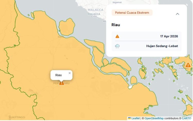 Prakiraan Cuaca Riau 17 April 2026, Peringatan Dini BMKG Waspada Hujan Lebat Disertai Petir dan Angin Kencang Malam dan Dini Hari