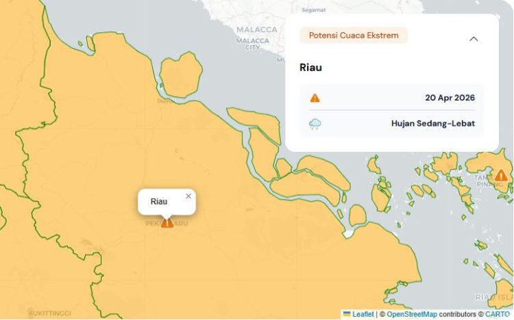 Prakiraan Cuaca Riau 20 April 2026, Peringatan Dini BMKG Waspada Hujan Lebat Disertai Petir dan Angin Kencang Hari Ini