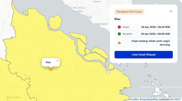 Peringatan Dini Cuaca Riau BMKG 29 April 2026, Potensi Hujan Sedang hingga Lebat Disertai Petir dan Angin Kencang