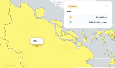 Prakiraan Cuaca Riau 9 Mei 2026, BMKG Terbitkan Peringatan Dini Waspada Hujan Lebat Disertai Petir dan Angin Kencang Siang hingga Malam Hari