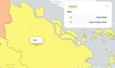 Prakiraan Cuaca Riau 10 Mei 2026, BMKG Terbitkan Peringatan Dini Waspada Hujan Lebat Disertai Petir dan Angin Kencang Sore hingga Malam Hari